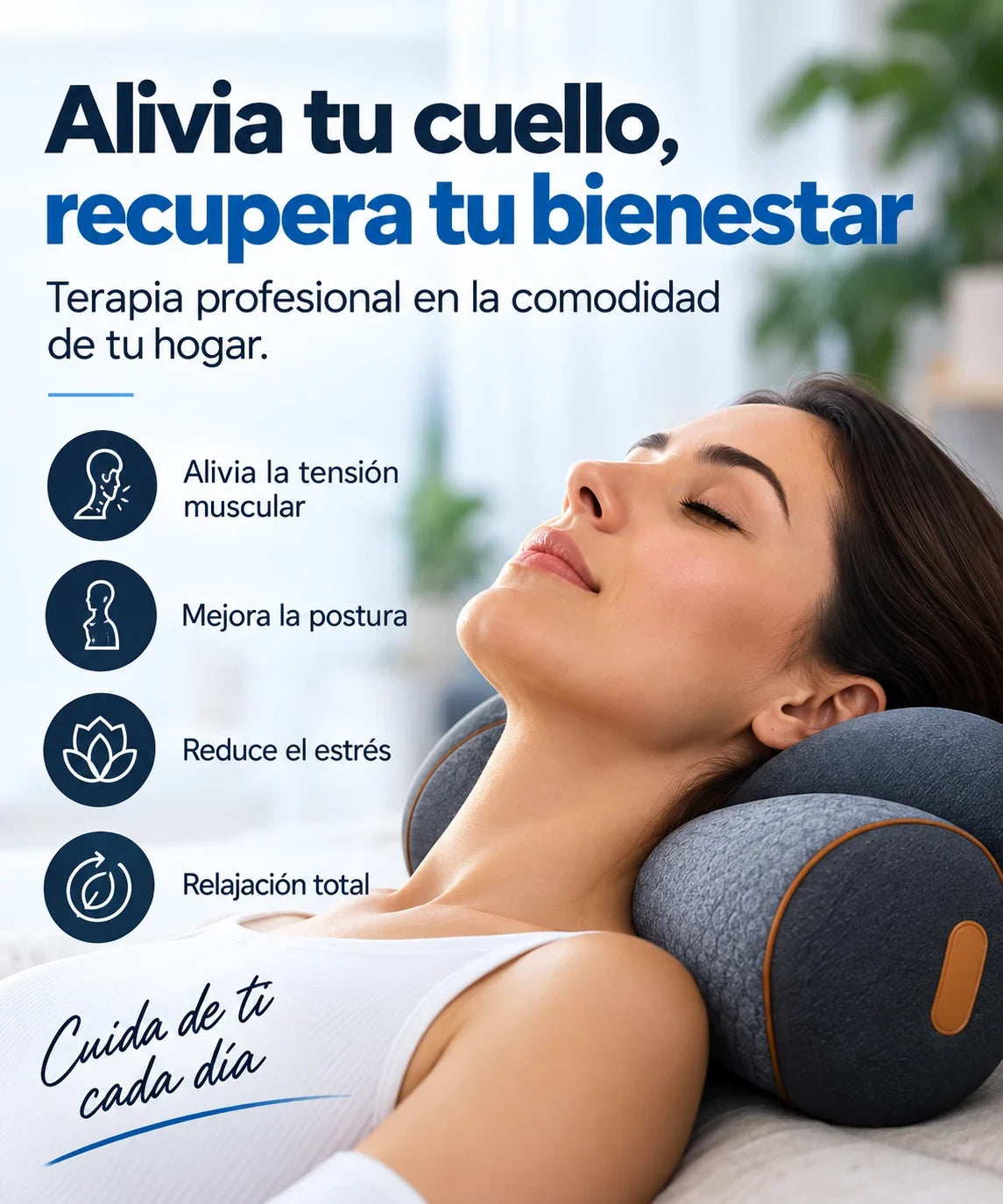 Mujer descansando con el dispositivo de bienestar cervical bajo el cuello