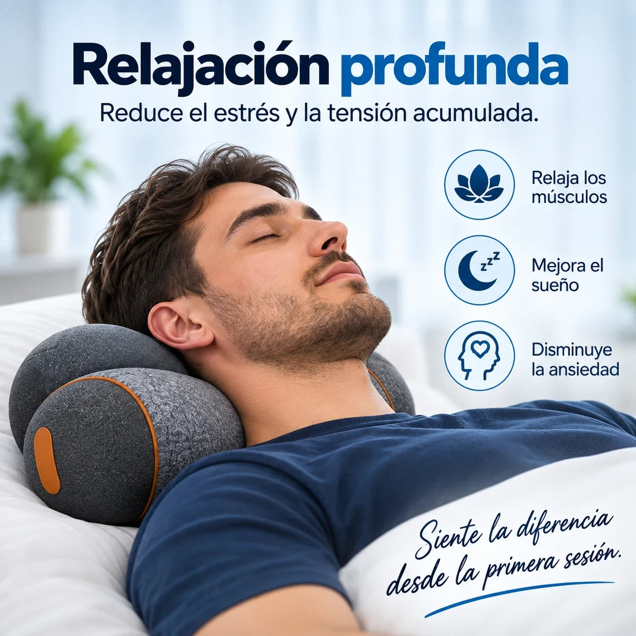 Hombre descansando con el dispositivo de bienestar cervical