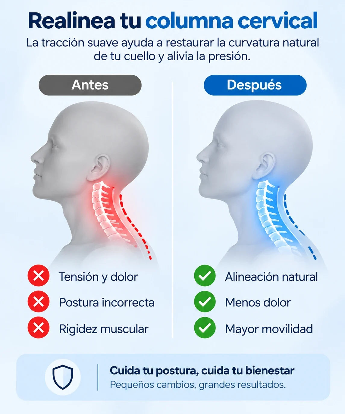 Comparativa de la postura cervical antes y después de usar el dispositivo